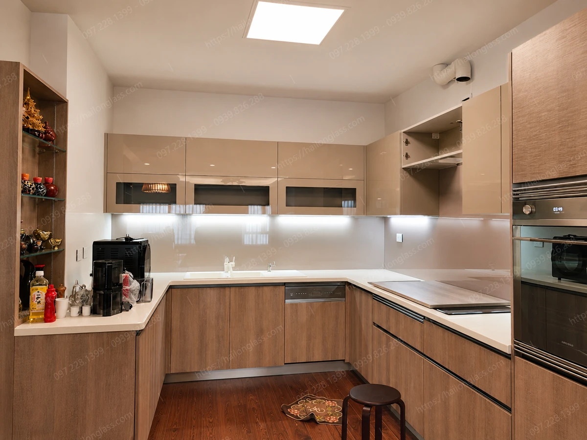 Kính ốp bếp cường lực chống xước, dễ lau chùi thi công tại Thanh Trì