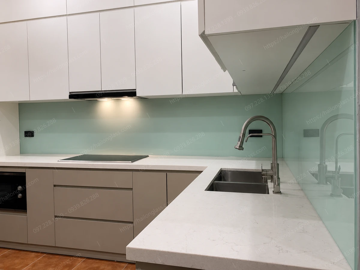 Kính ốp bếp cường lực chống xước, dễ lau chùi thi công tại Thanh Xuân