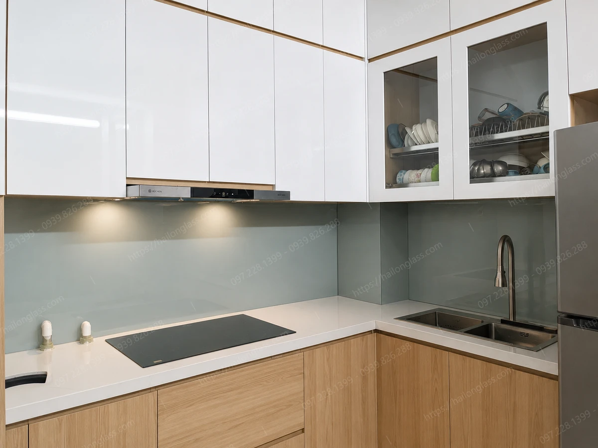 Hoàn thiện bộ kính ốp tường bếp hiện đại cho nhà phố ở Hoàn Kiếm