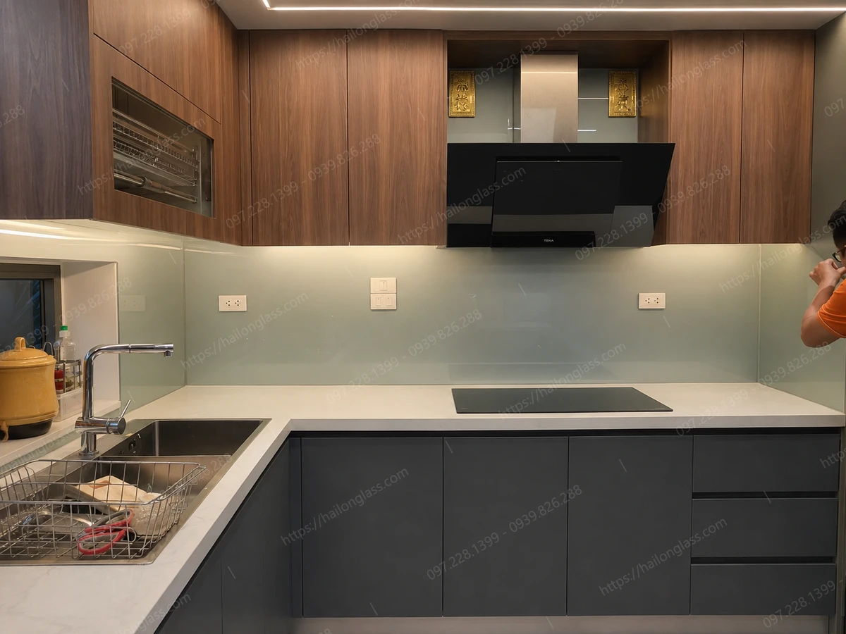 Kính màu nhũ bạc 03 cường lực ốp bếp Hải Long