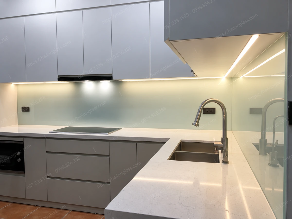 Kính ốp bếp màu trắng sữa tạo chiều sâu