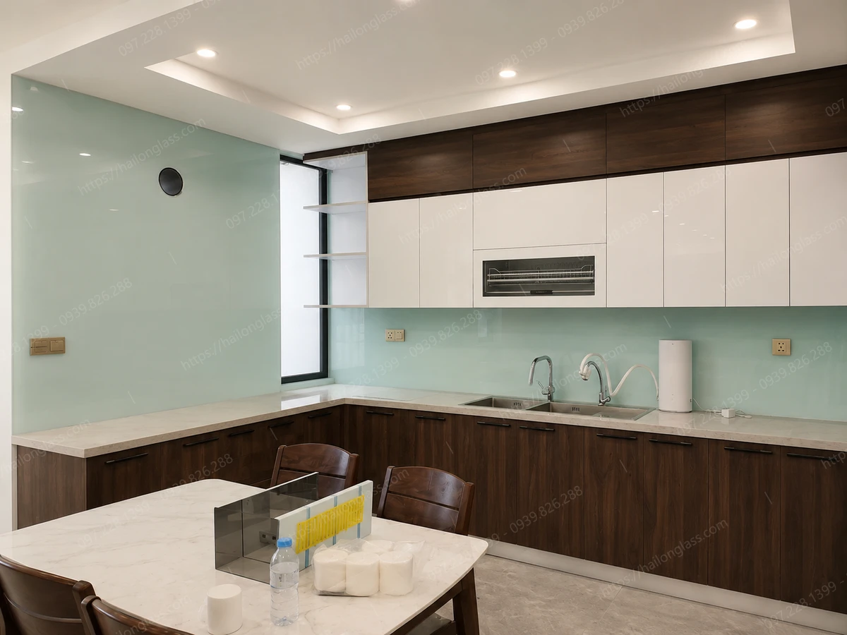 Kính ốp bếp màu trắng xanh