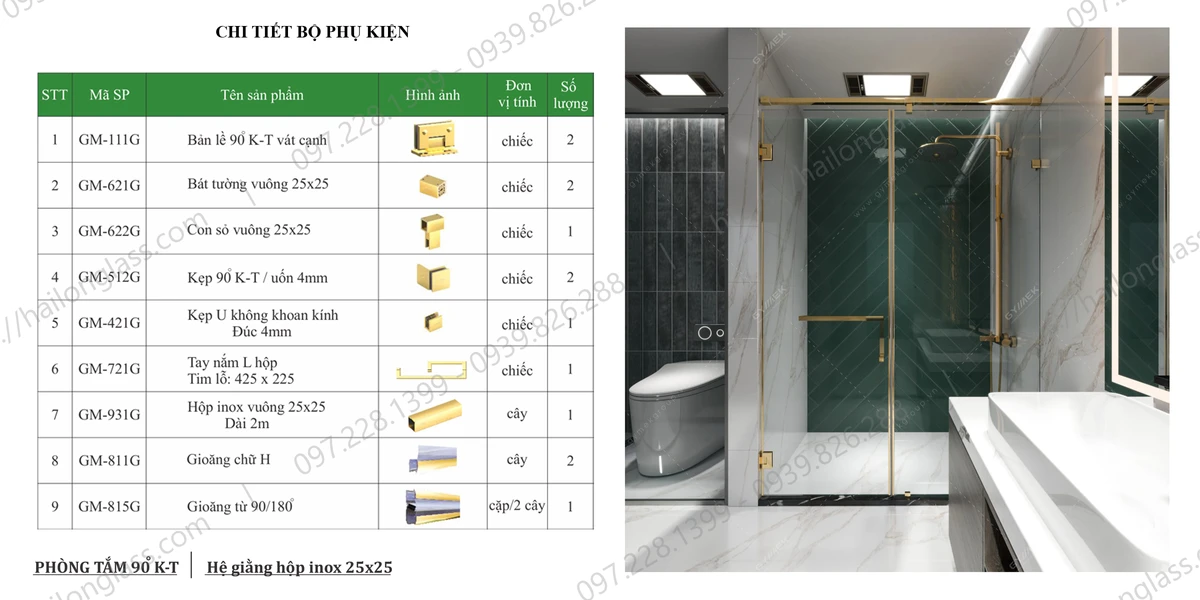 Cabin phòng tắm 90 độ K - T | Hệ giằng hộp inox 25 x 25 - Màu Vàng Gương