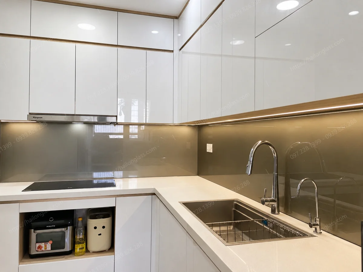 Mẫu kính bếp đẹp màu nhũ đồng thi công tại Season Avenue Mỗ Lao