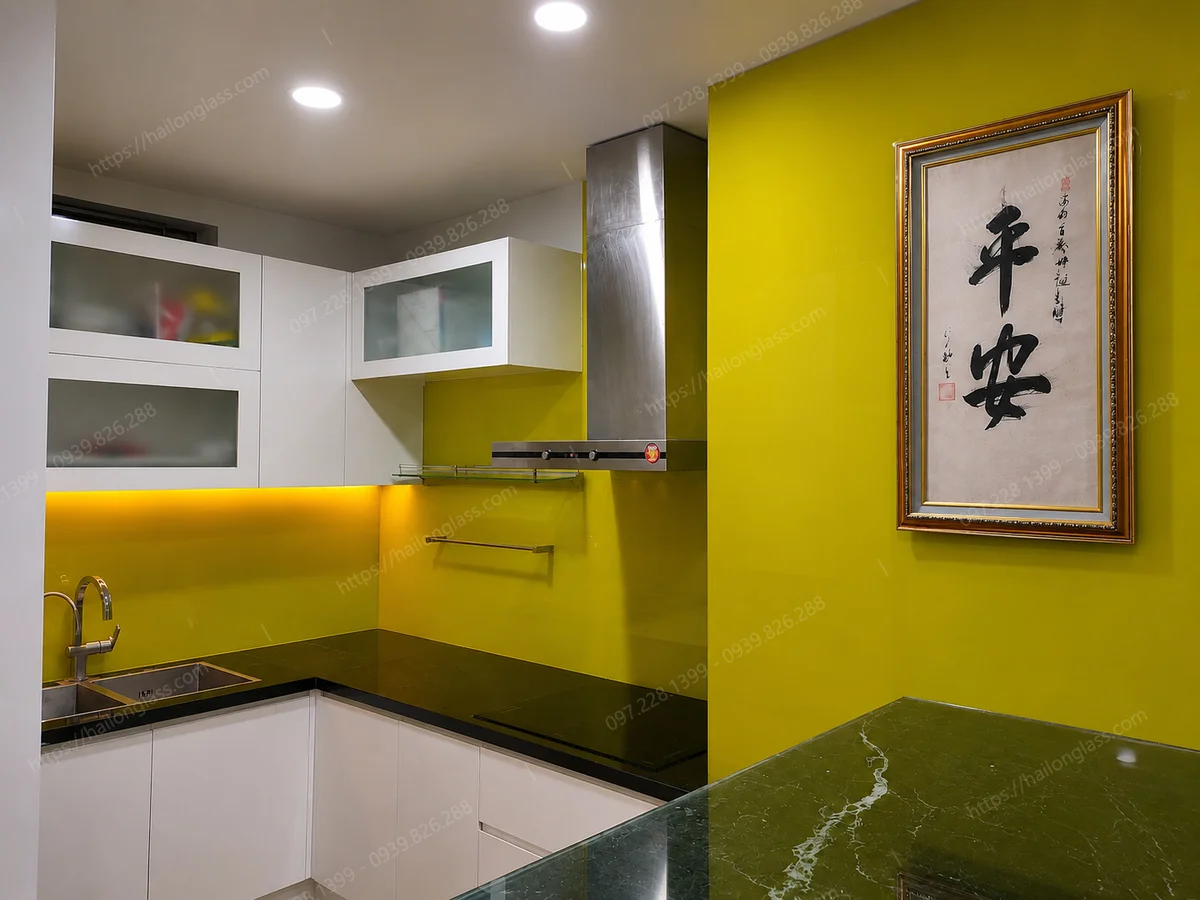 Mẫu kính bếp sơn nhiệt mã màu 4201 thi công tại Đê La Thành