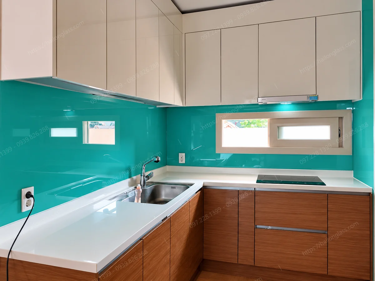 Mẫu kính bếp sơn nhiệt mã màu 4411 thi công tại Booyoung Mỗ Lao