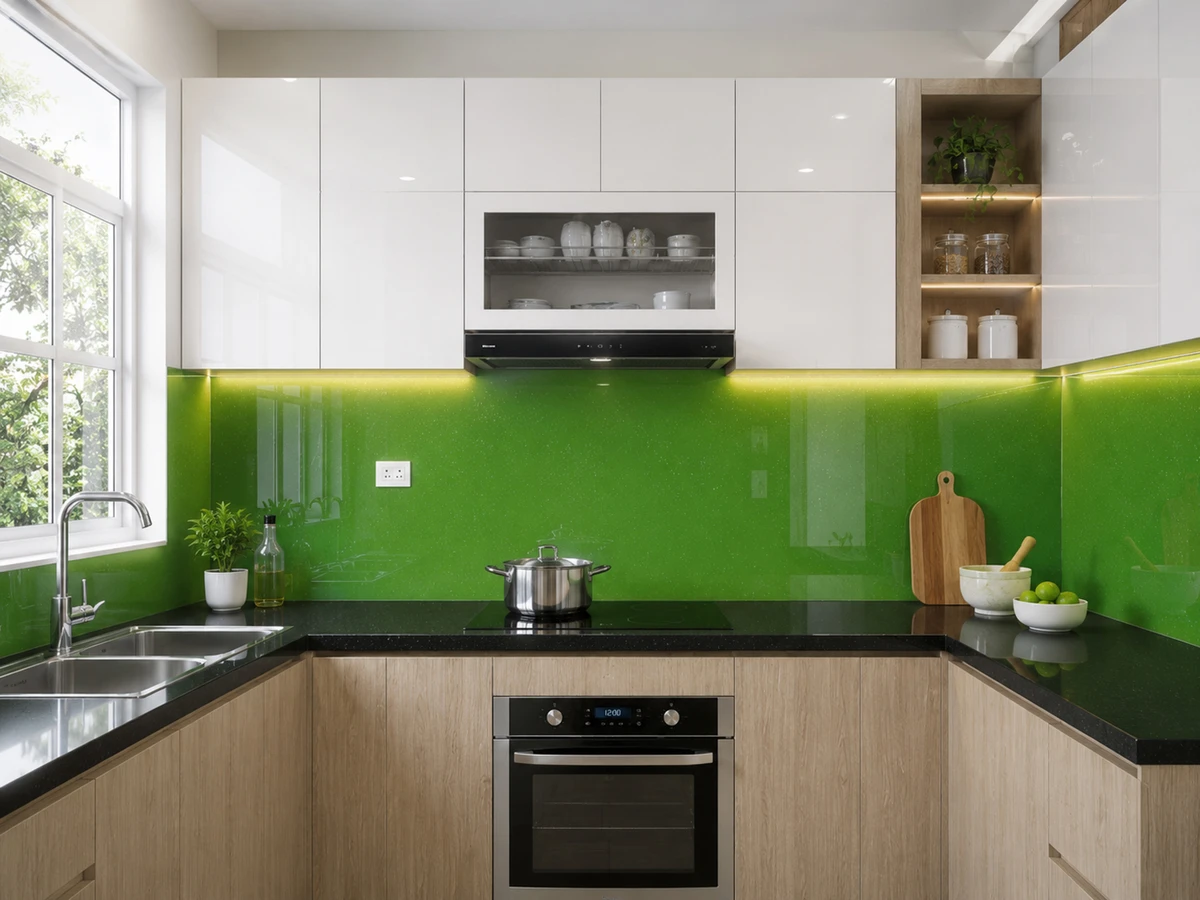 Kính ốp bếp màu kim sa xanh cốm