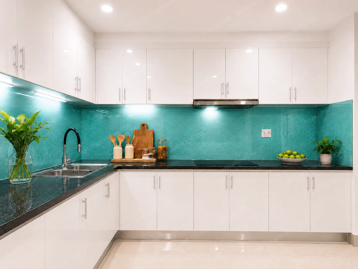 Kính ốp bếp màu kim sa xanh ngọc