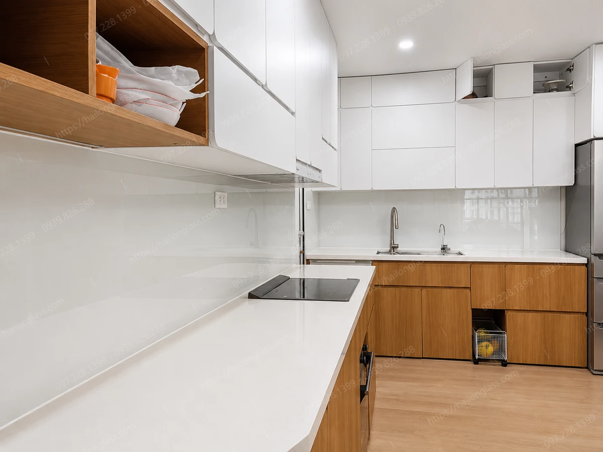 Kính bếp siêu trong màu trắng mang lại cảm giác sạch sẽ