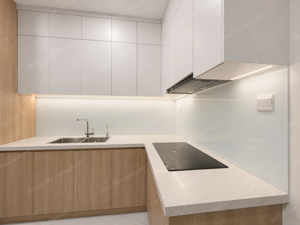 Kính ốp bếp siêu trong màu trắng chuẩn nhà máy Hải Long
