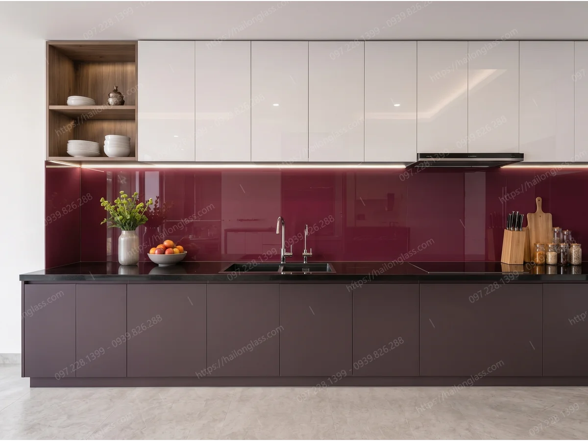 Product Kính Ốp Bếp Màu Nhũ Đỏ Vang