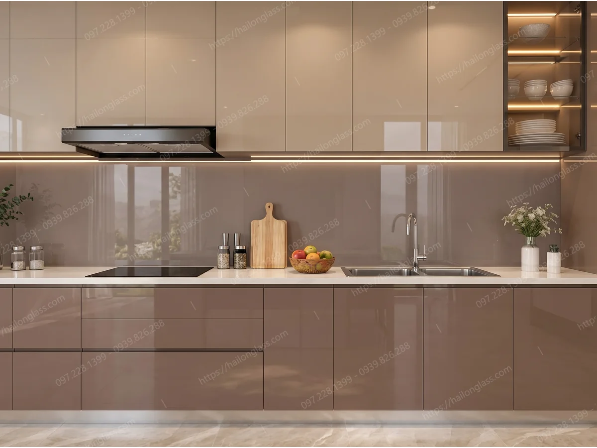 Product Kính Ốp Bếp Màu Nhũ Nâu