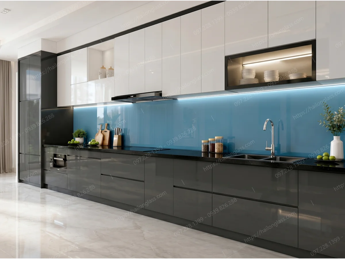 Product Kính Ốp Bếp Màu Nhũ Xanh Dương