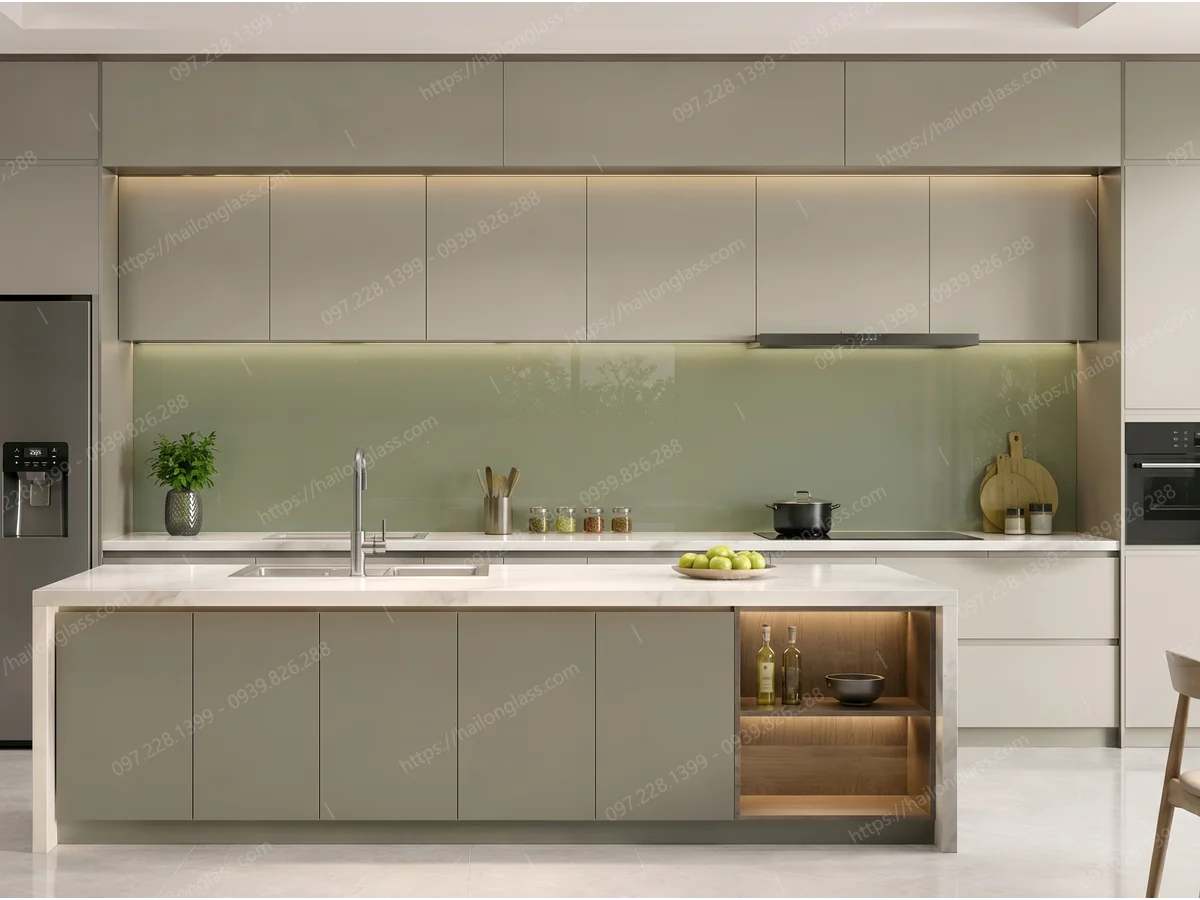 Product Kính Ốp Bếp Màu Nhũ Xanh Úa