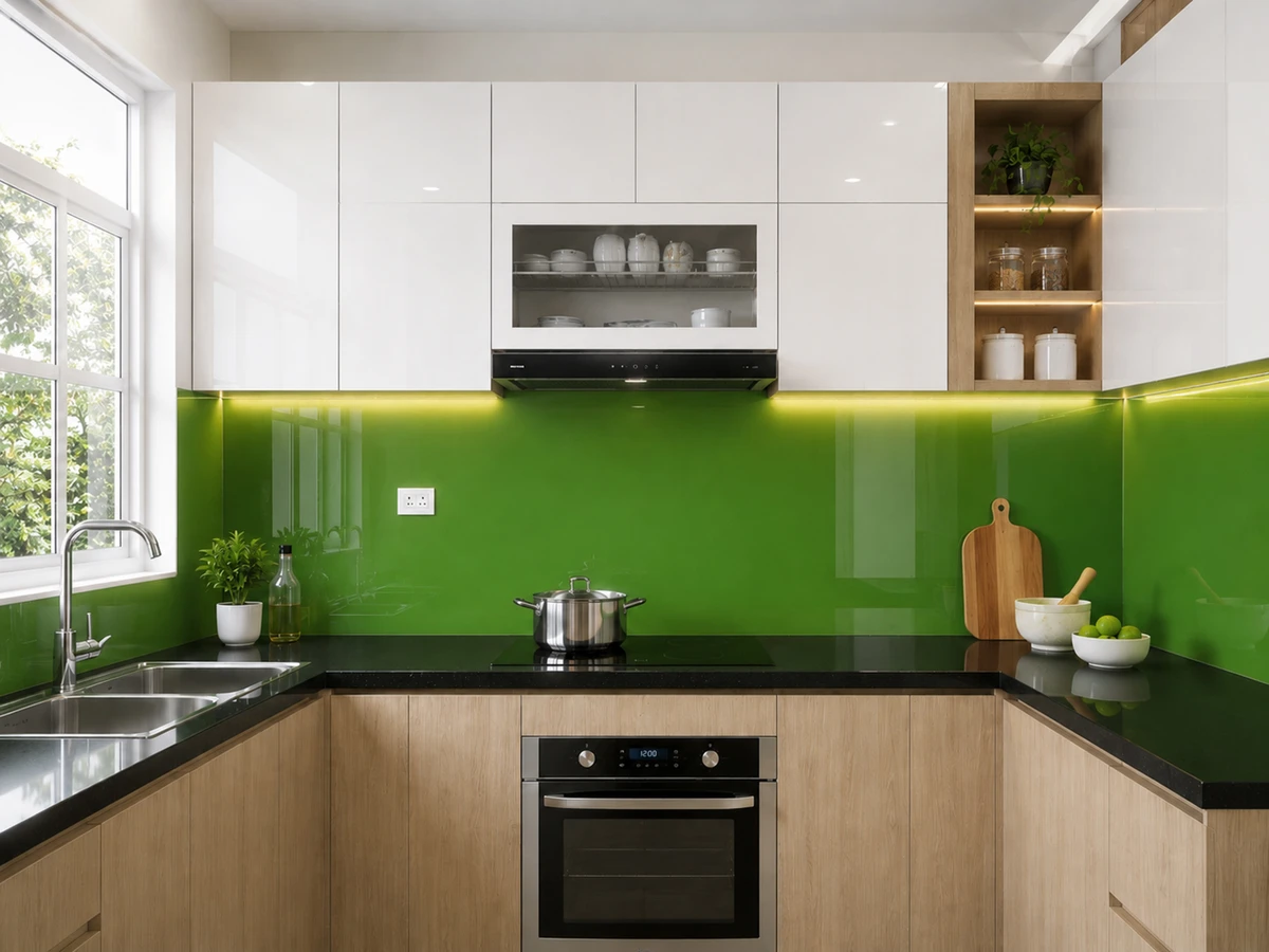 Kính ốp bếp màu xanh cốm