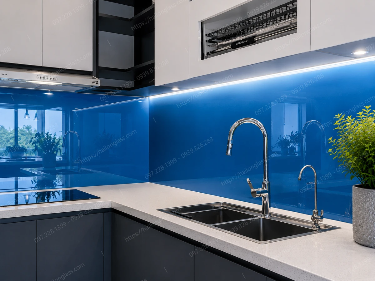 Kính ốp bếp màu xanh dương